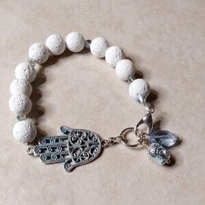 Hamsa Hand! Buddha! Blessings + Protection Bracelet! White Lava Beads! 7" Wrist